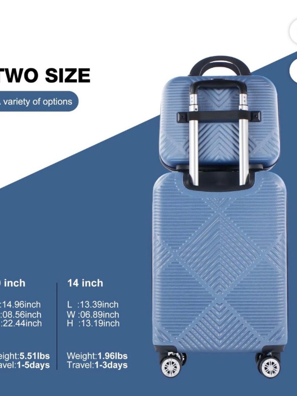 2-Piece Hardside Carry-On Luggage Set w/ Cosmetic Case Blue Spinner Suitcase - Picture 5 of 7